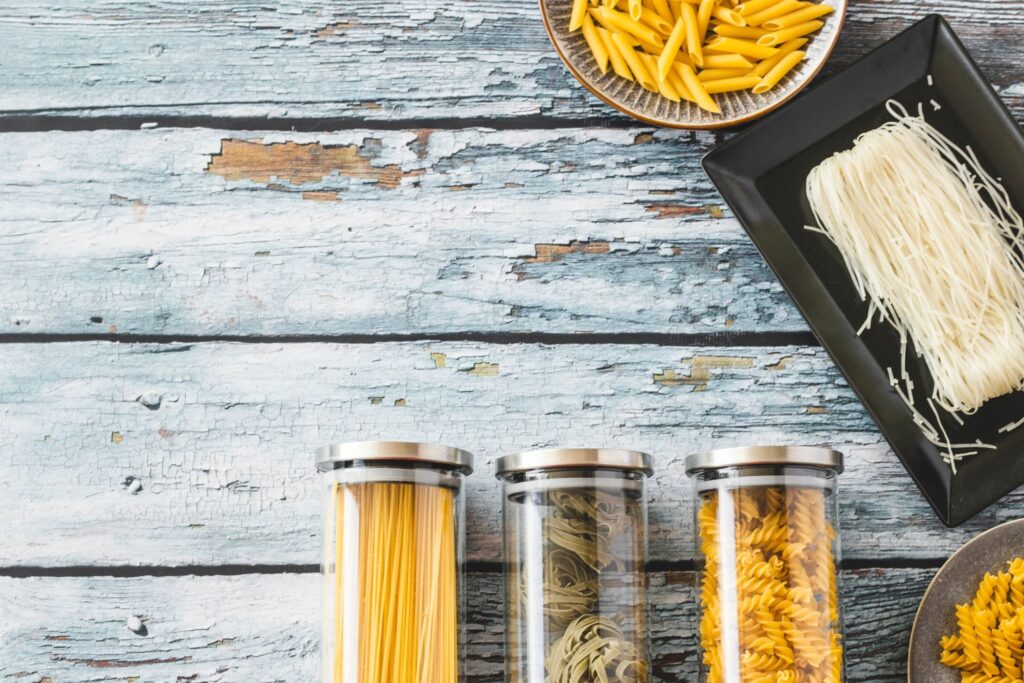 Italian bronze-die spaghetti pasta package styled with simple pantry props