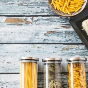 Italian bronze-die spaghetti pasta package styled with simple pantry props